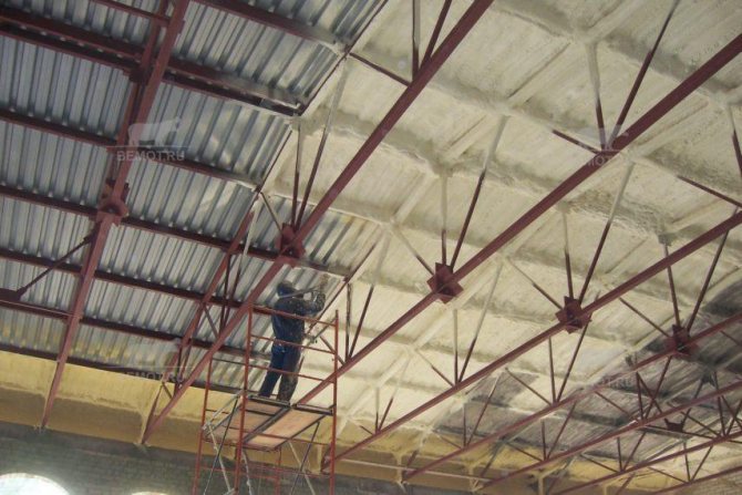 Thermal insulation of polyurethane foam roof from corrugated board from below